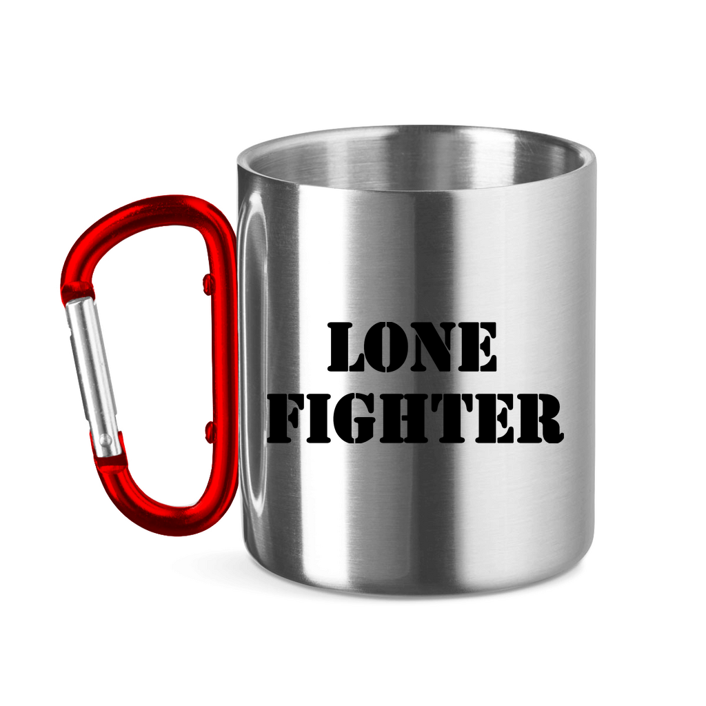 Edelstahltasse mit Karabinergriff Lone Fighter Schriftzug