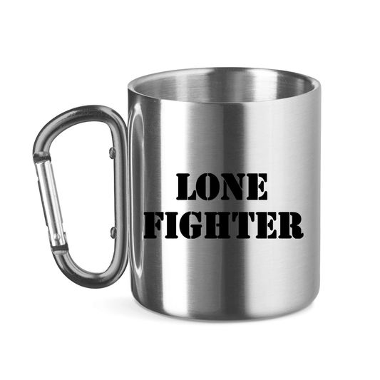 Edelstahltasse mit Karabinergriff Lone Fighter Schriftzug